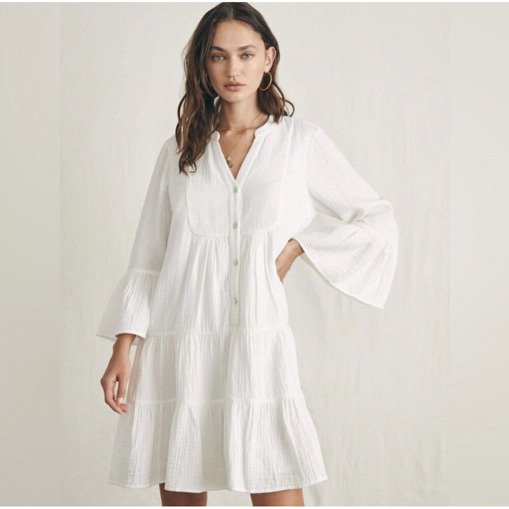 Faherty Dream Cotton Gauze Kasey Dress White Organic Cotton Tiered Size Medium